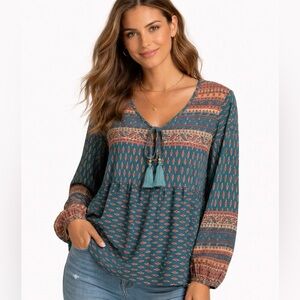 Lascana for Venus Boho Peasant Blouse Tassel Tie Blue Print M Cottagecore